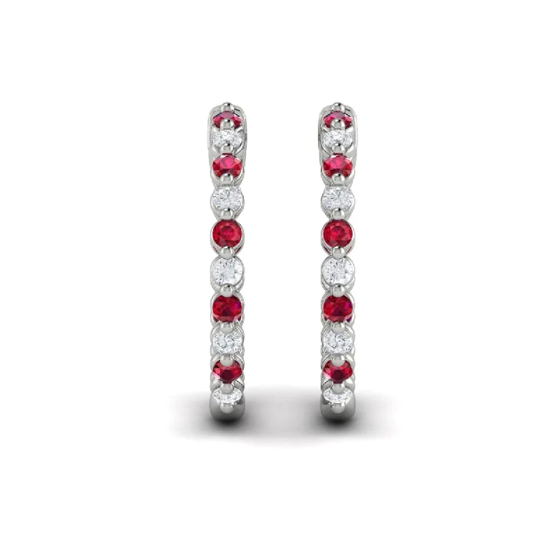 Women’s platinum earrings-Inside Out Diamond and Ruby  Hoop Earrings