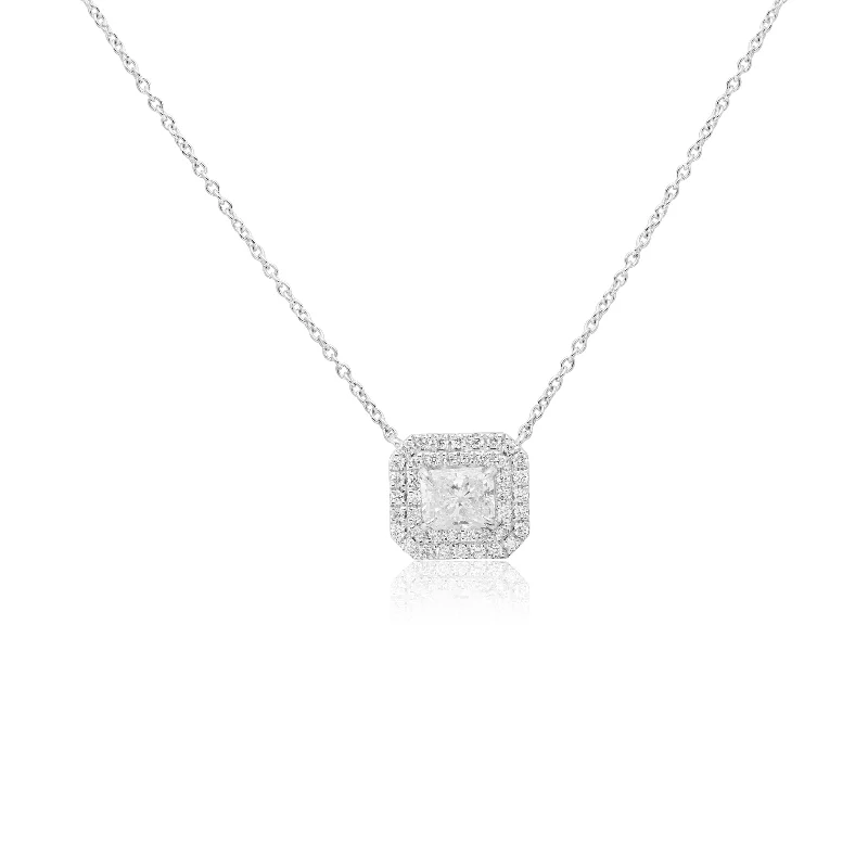 Women’s bridal necklaces-Double Halo Pendant With Radiant Cut Diamond In Center