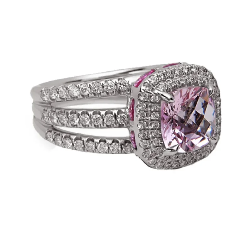 Women’s engagement rings with diamonds-Pastel Diamond Split-Band Petite Cushion Morganite Ring