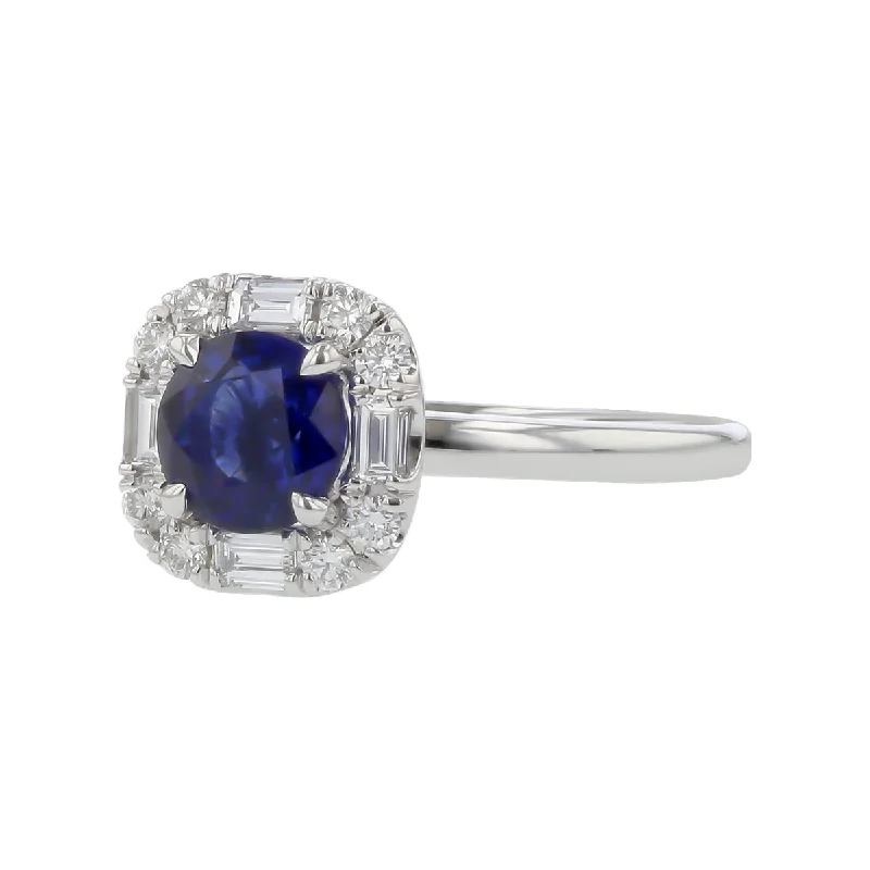 Women’s elegant round engagement rings-Sapphire with Baguette and Round Diamond Halo Ring in 18K White Gold, Size 6.25