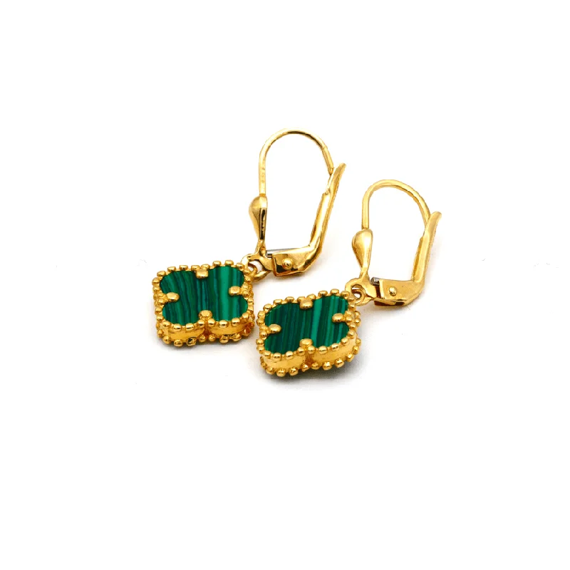 Women’s colored crystal earrings-Real Gold Green Clover Hanging Earring Set - Model GZJVN E1918