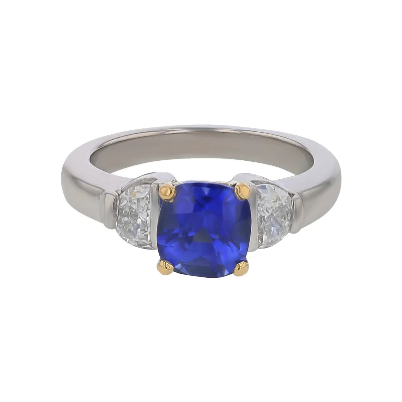 Women’s traditional engagement rings-2.03ct Cushion Ceylon Sapphire (H) and 0.48ct Half Moon Diamonds GH/VS Three Stone Ring in Platinum and 18k Yellow Gold Size 6