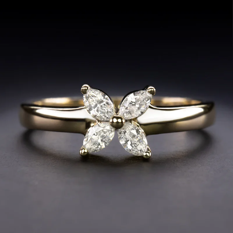 Women’s minimalistic engagement rings-DIAMOND FLOWER RING 1/2 CARAT MARQUISE CUT CLUSTER 14k YELLOW GOLD NATURAL 0.5ct