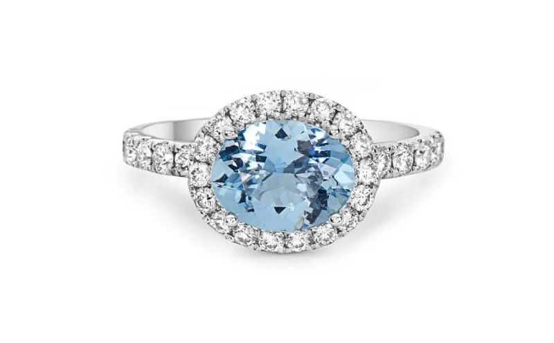 Women’s affordable diamond engagement rings-Pastel 1.32ct Aquamarine and 0.81ct Diamond Halo Ring in 18K White Gold, Size 6.5