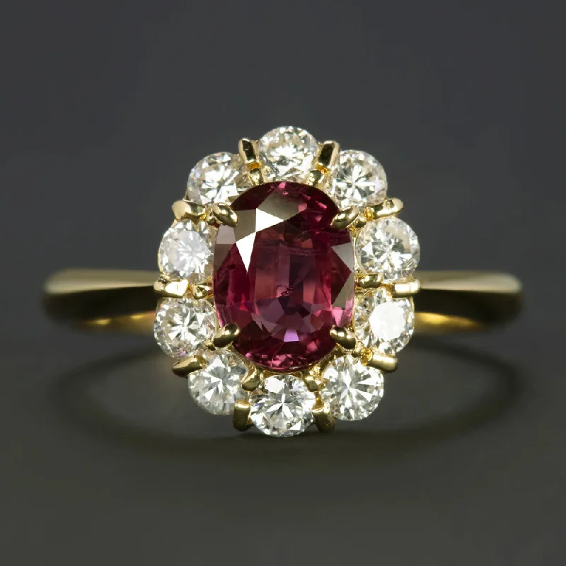 Women’s custom halo engagement rings-1.82ct RUBY DIAMOND COCKTAIL RING 18k YELLOW GOLD HALO OVAL SHAPE CUT NATURAL