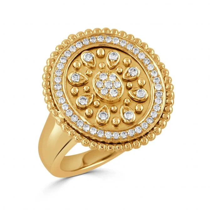 Women’s large stone engagement rings-Byzantine 0.27Ct Diamond Milgrain Edge Patterned Signet Ring in 18k Yellow Gold, Size 6.5