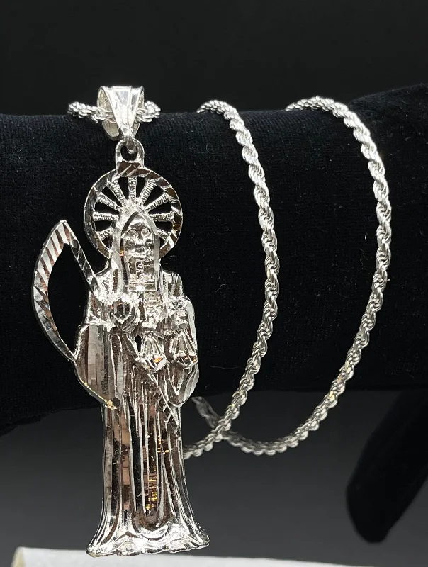 Women’s minimalist necklaces-Silver .925 Big Santa Muerte , Grim Reaper pendant or chain set!