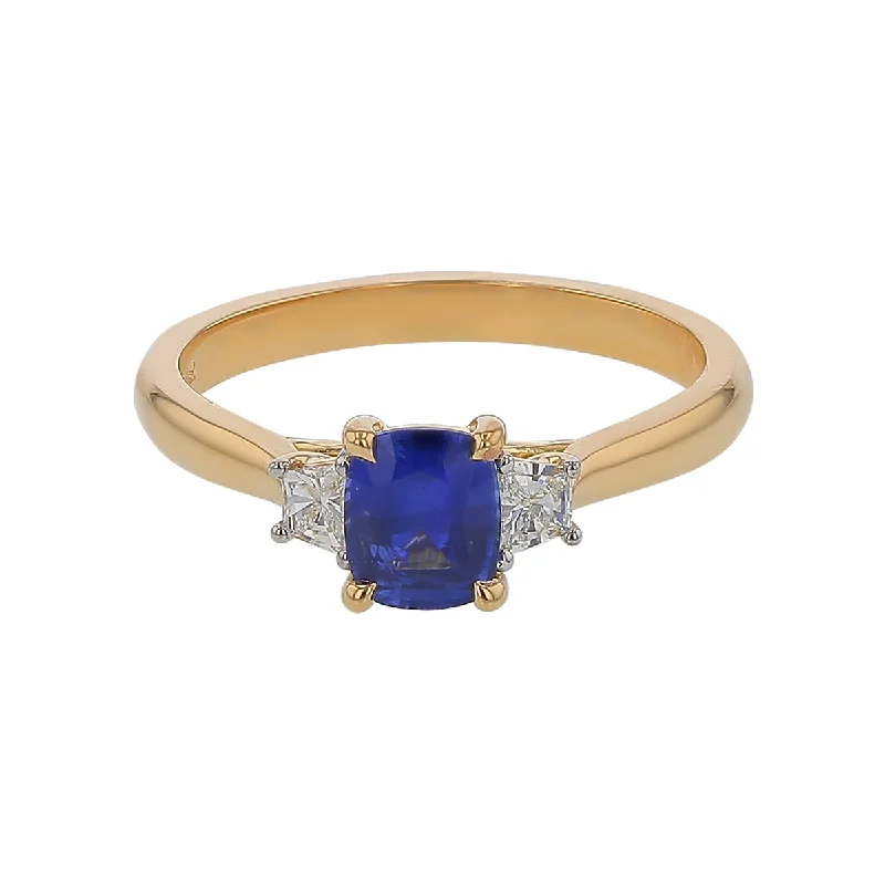 Women’s platinum diamond engagement rings-0.77ct Cushion Ceylon Sapphire (H) 0.19ct Trapezoid Diamonds 3 Stone Ring in Yellow Gold Size 6