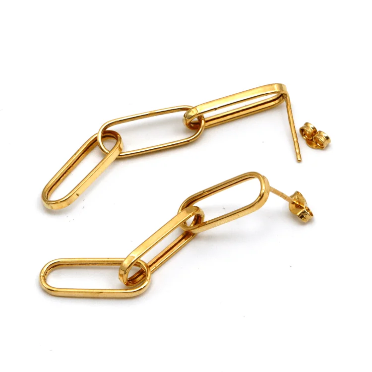 Women’s elegant earrings-Real Gold Paper Clip Link Hanging Stud Earring Set 1640 E1796