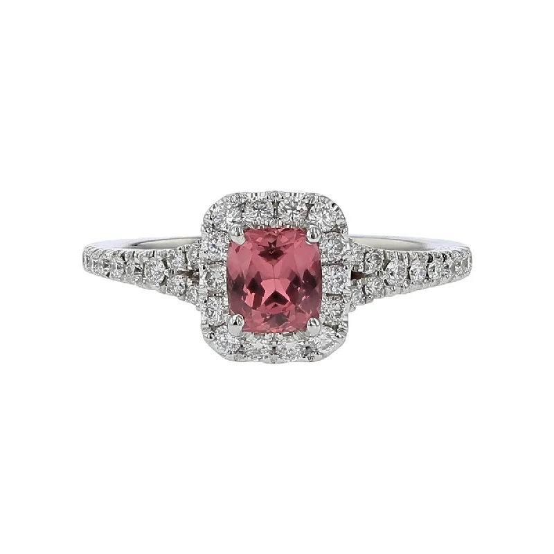 Women’s custom-designed engagement rings-14K White Gold Mahenge Pink Spinel and Diamond Halo Ring