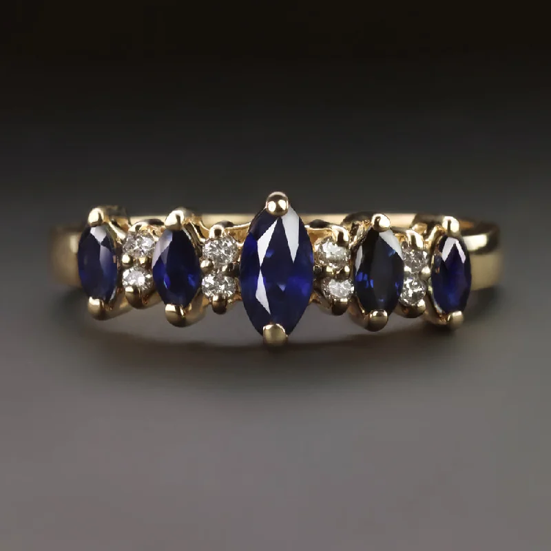 Women’s yellow diamond engagement rings-NATURAL SAPPHIRE DIAMOND COCKTAIL RING MARQUISE SHAPE BAND 14k YELLOW GOLD BLUE