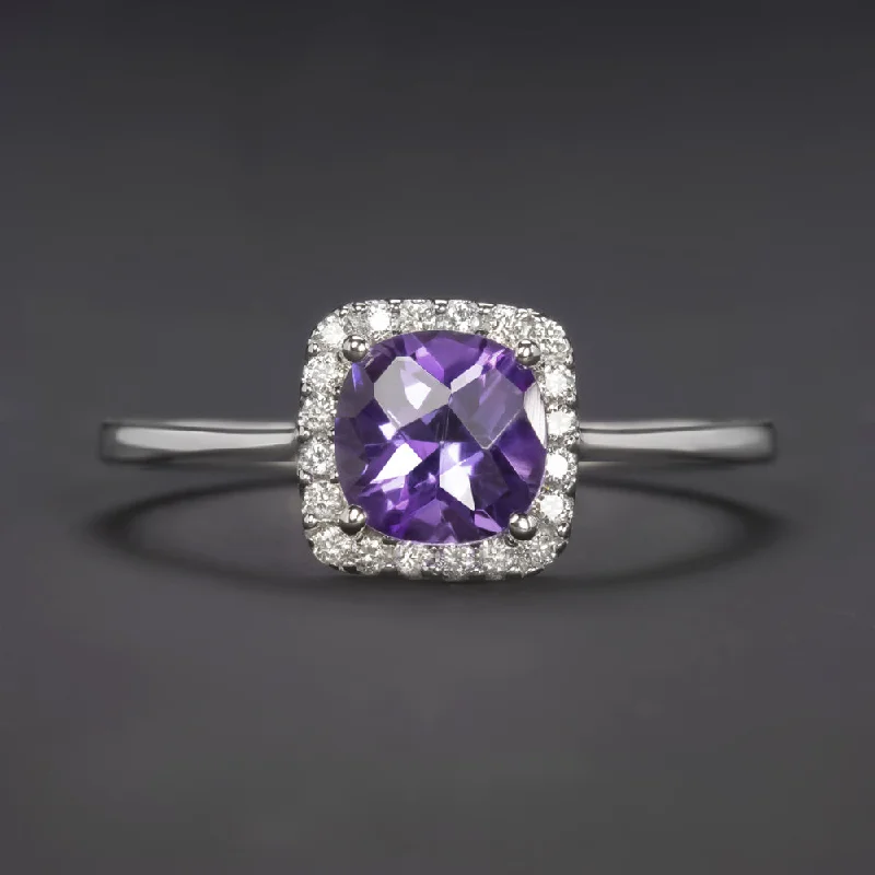 Women’s halo engagement rings-AMETHYST DIAMOND HALO COCKTAIL RING 14K WHITE GOLD NATURAL PURPLE CUSHION CUT