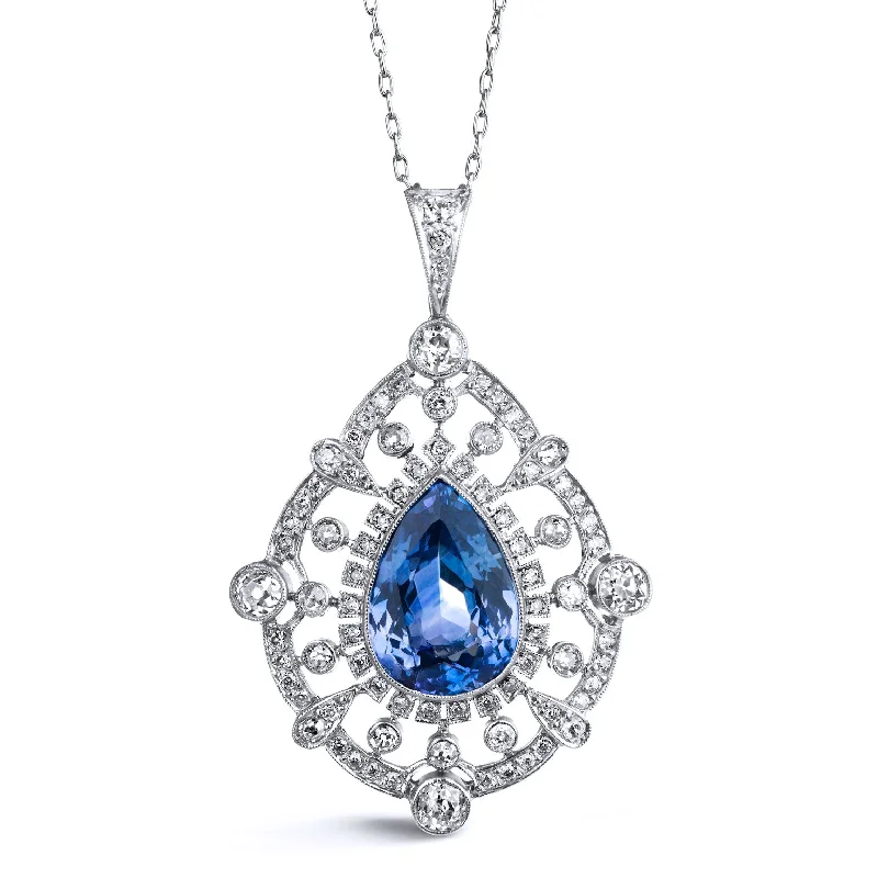 Women’s silver chain necklaces-9.83 Carat Edwardian Sapphire and Diamond Pendant