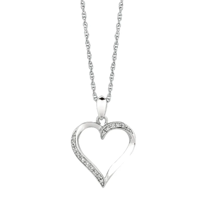 Women’s statement necklaces-Silver 18 inches Rhodium Finish Shiny 1.1mm Cable Chain with Lobster Clasp+0.05Ct Diamond Fancy Open Heart Pendant