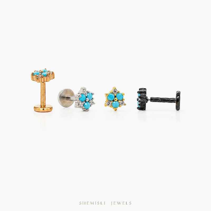 Women’s twisted hoop earrings-Tiny Turquoise Flower Threadless Flat Back Earrings, 20,18,16ga, 5-10mm Unisex, Surgical Steel SHEMISLI SS1000