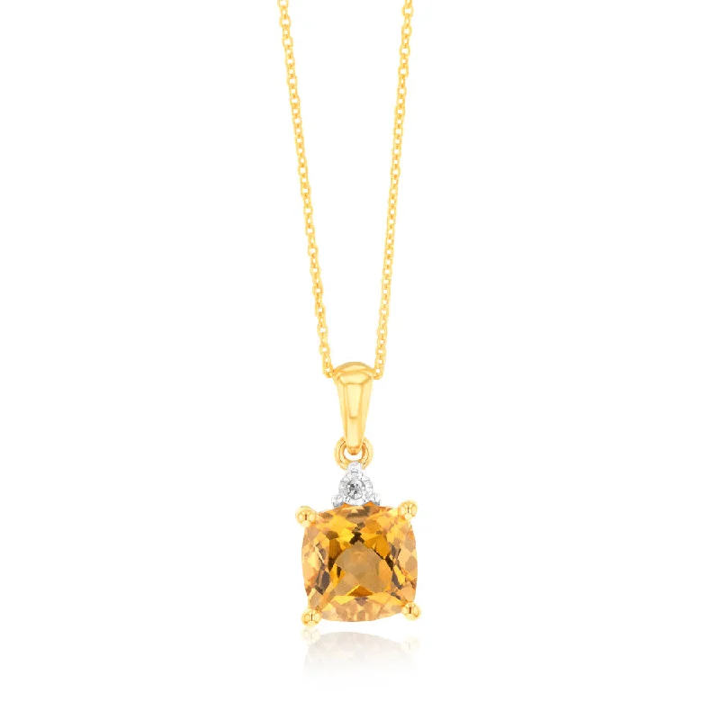 Women’s statement gold necklaces-9ct Yellow Gold 1.4ct Citrine and Diamond Pendant On 45cm Chain