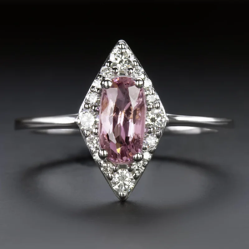 Women’s diamond engagement rings-PINK SPINEL DIAMOND COCKTAIL RING 14k WHITE GOLD GEOMETRIC HALO OVAL CUT NATURAL