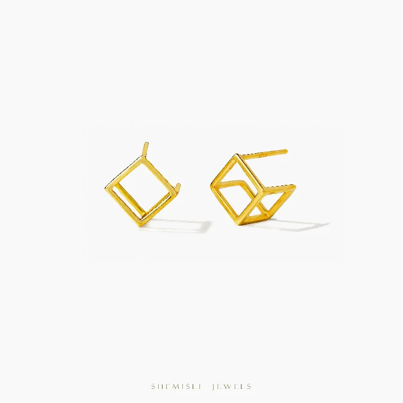 Women’s silver hoop earrings-3D Cube Studs Earrings, Unisex, Gold, Silver SHEMISLI - SS967