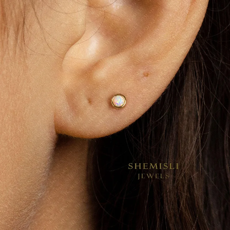 Women’s studded earrings-White Opal Bezel Stud Earrings, Gold Earrings, Unisex, Gold, Silver SHEMISLI - SS098