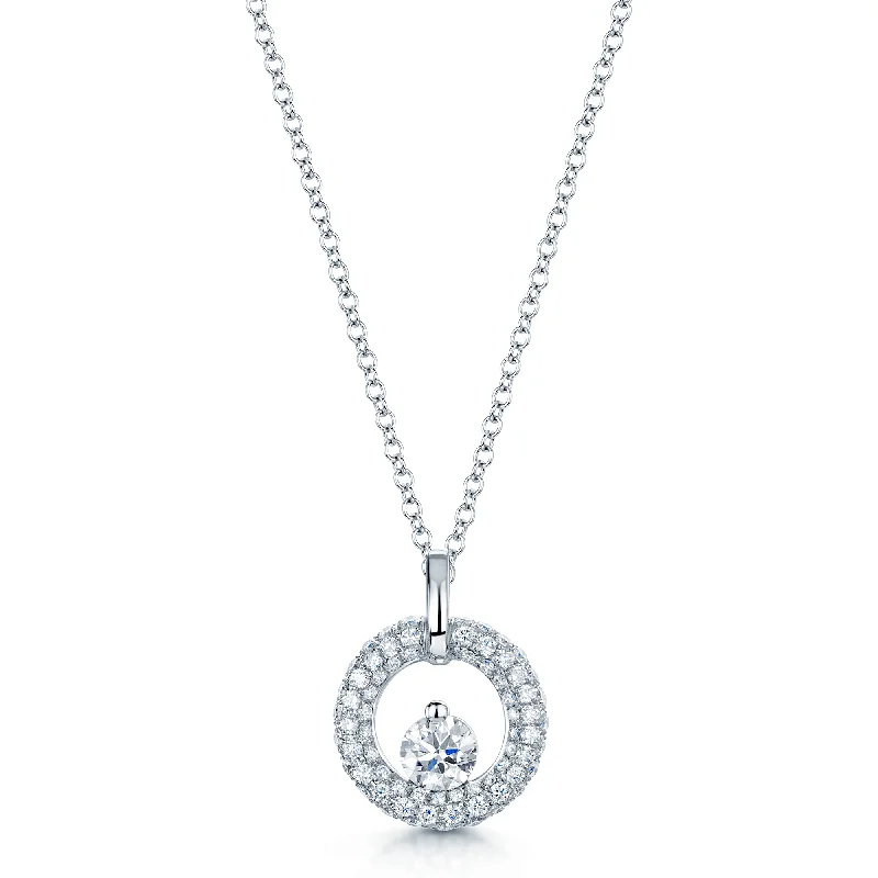 Women’s statement gold necklaces-18ct White Gold Brilliant Cut Diamond Pave Set Circular Pendant with Centre Diamond