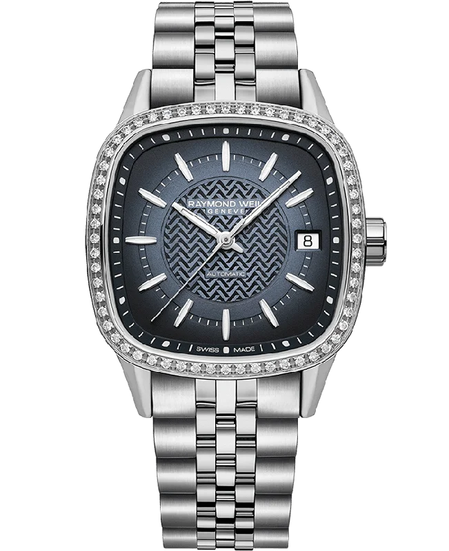 Women’s white gold engagement rings-Raymond Weil Freelancer Women's Gradient Blue Dial Diamond Automatic Watch 2490-STS-50051