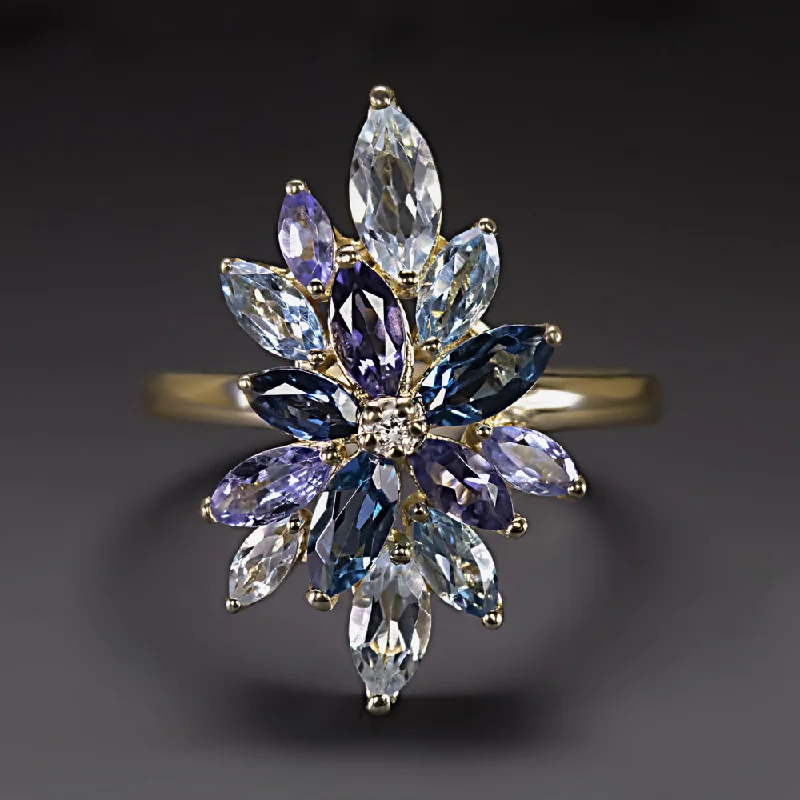 Women’s simple engagement rings-BLUE PURPLE GEMSTONE DIAMOND COCKTAIL RING YELLOW GOLD SAPPHIRE AQUAMARINE BIG