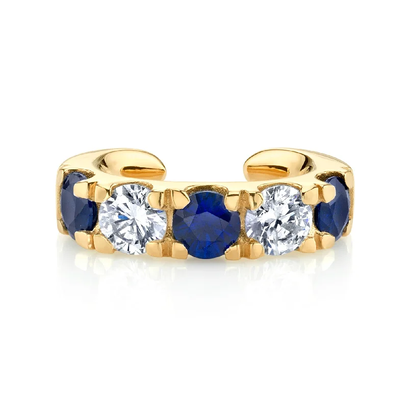 Women’s elegant earrings-Classic Ear Cuff - White Diamond and Blue Sapphire / 14k Yellow Gold