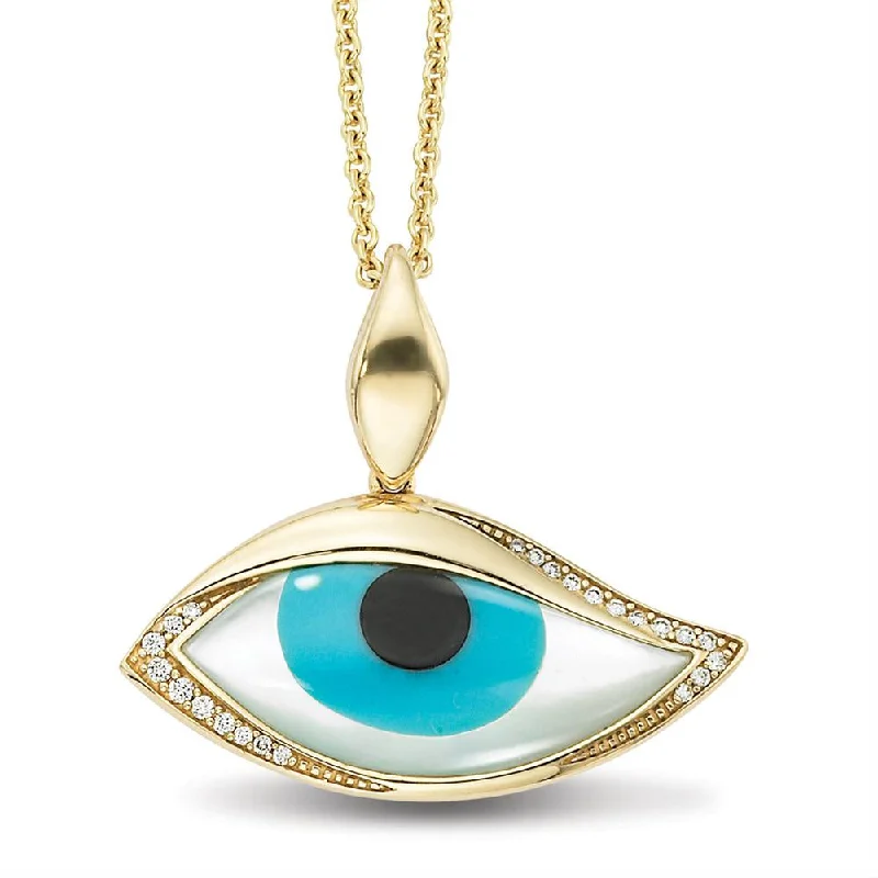 Women’s simple gold necklaces-Kabana Kalo Mati 14K Yellow Gold Blue Evil Eye Diamond Pendant with Turquoise Inlay GPCF485OXTMW