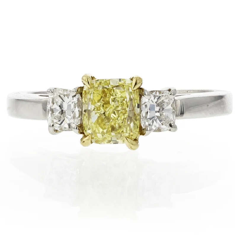 Women’s infinity engagement rings-PLATINUM AND 18KY FANCY YELLOW CUSH DIA=1.11CT 2 CUSHION DIAMONDS=0.47CT RING