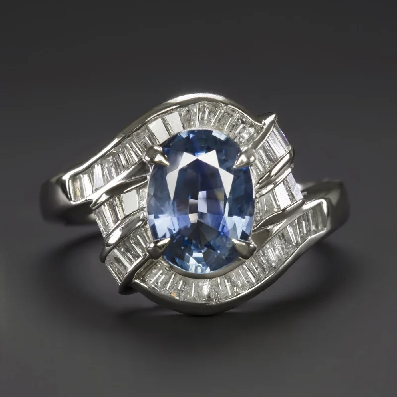 Women’s two-tone engagement rings-2.15ct SAPPHIRE DIAMOND COCKTAIL RING PLATINUM BYPASS BAGUETTE HALO OVAL SHAPE