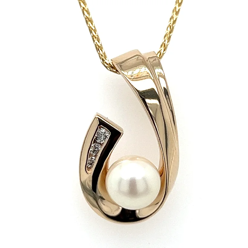 Women’s adjustable necklaces-Pre-Owned 14k Yellow Gold Free Form Pearl & Diamond Chain Slide Pendant