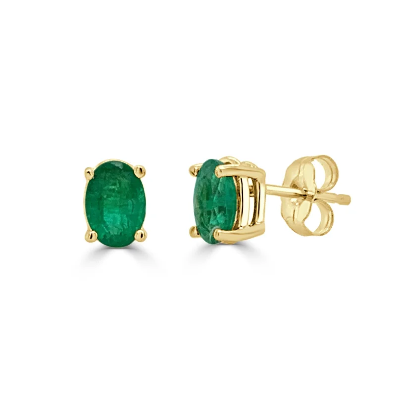 Women’s gold stud earrings-14K Gold & Green Emerald Oval Studs