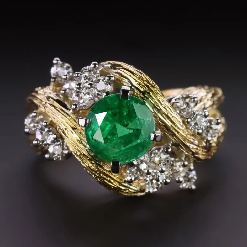 Women’s solitaire engagement rings-VINTAGE EMERALD DIAMOND COCKTAIL RING 18k YELLOW GOLD CLUSTER RETRO OLD CUT