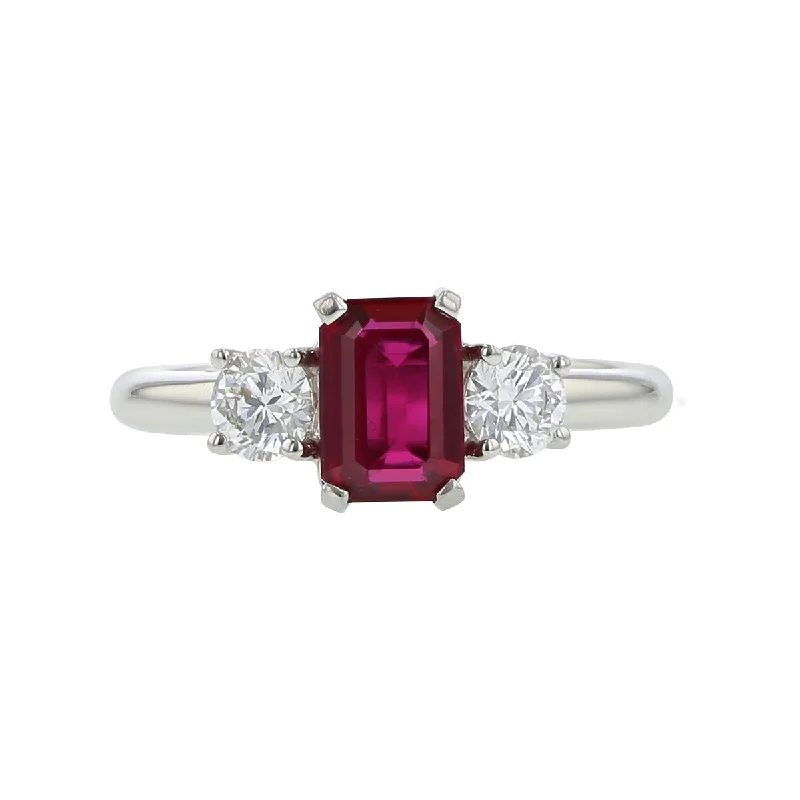 Women’s affordable custom engagement rings-Platinum Emerald-cut Ruby and Diamond 3-Stone Ring