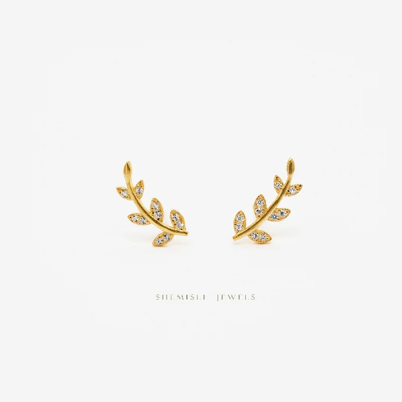 Women’s sterling silver earrings-CZ Leaf Climber Earrings, Gold, Silver SHEMISLI - SS208 LR