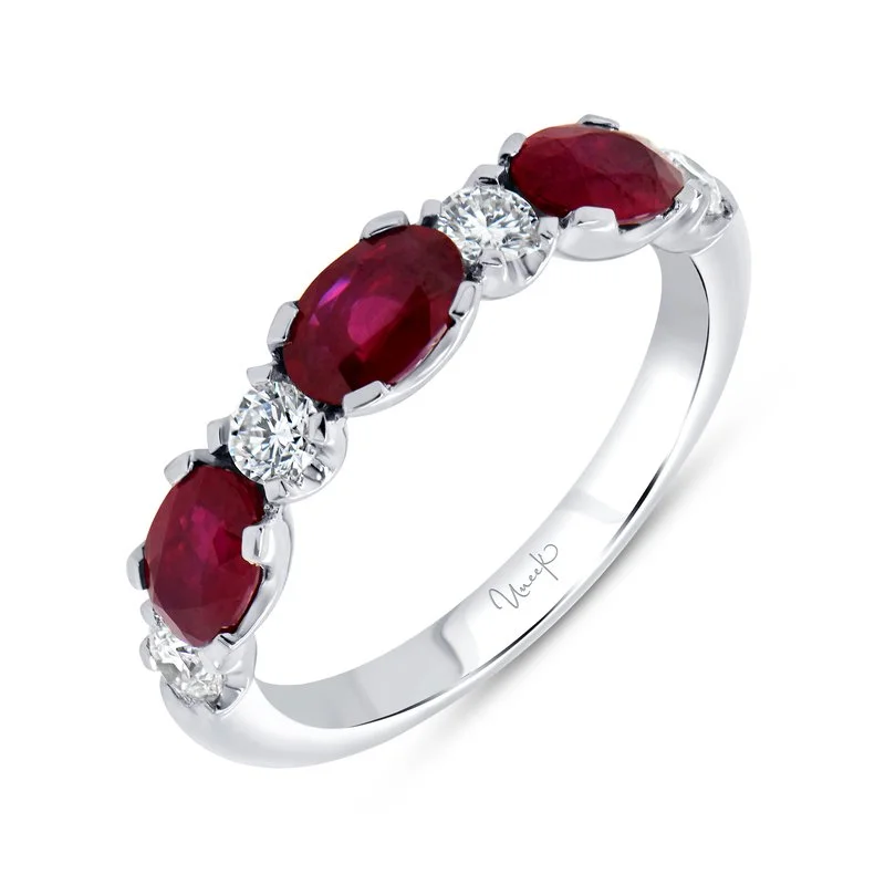 Women’s eco-friendly engagement rings-4 0.37ct Round Diamonds and 3 1.83ct Oval Rubies 1-1 Alternating Ring in 18K White Gold