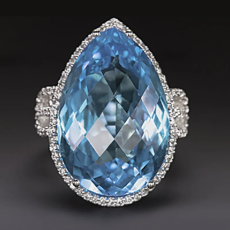 Women’s white gold engagement rings-BLUE TOPAZ DIAMOND COCKTAIL RING BIG STATEMENT 18k WHITE GOLD PEAR SHAPE NATURAL