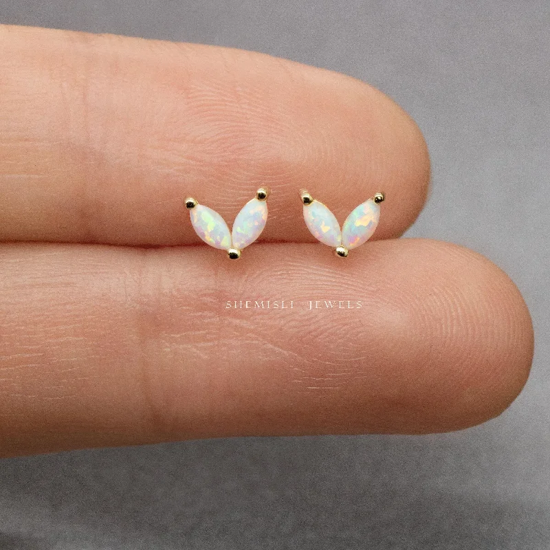 Women’s luxurious drop earrings-Tiny Opal Flower Leaf Studs Earrings, Unisex, Gold, Silver SHEMISLI SS204 Butterfly End, SS735 Screw Ball End (Type A)