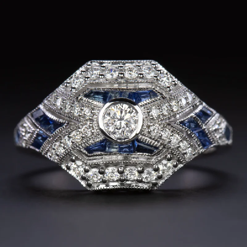 Women’s affordable custom engagement rings-LEO CUT DIAMOND SAPPHIRE VINTAGE STYLE RING ART DECO COCKTAIL WHITE GOLD CALIBRE