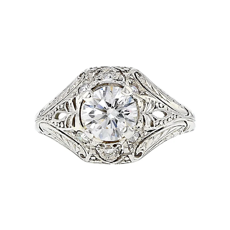 Women’s bridal engagement rings-PLATINUM 1 OEC DIAMOND=0.86CT AND 6 SINGLE CUT DIAS ART DECO FILIGREE RING, SIZE 5.25