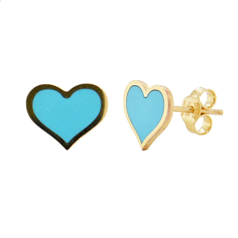 Women’s minimalist earrings-14K Gold Heart Stud Turquoise Stud Earrings