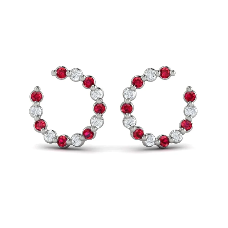 Women’s hoop earrings with charms-Forward-facing Diamond and Ruby  Open Hoop Earrings