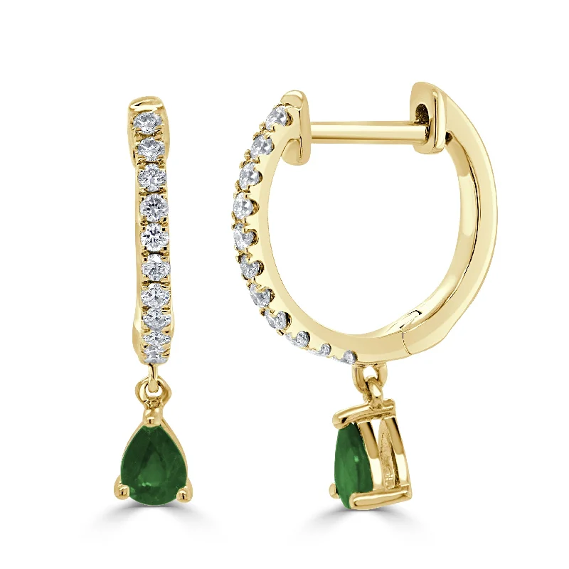 Women’s ruby earrings-14K Gold Emerald & Diamond Dangle Huggie Earrings