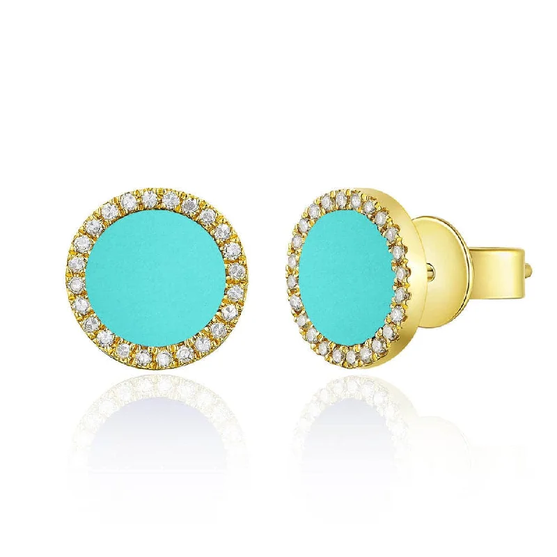 Women’s art deco earrings-14k Gold & Diamond Turquoise Stud Earrings