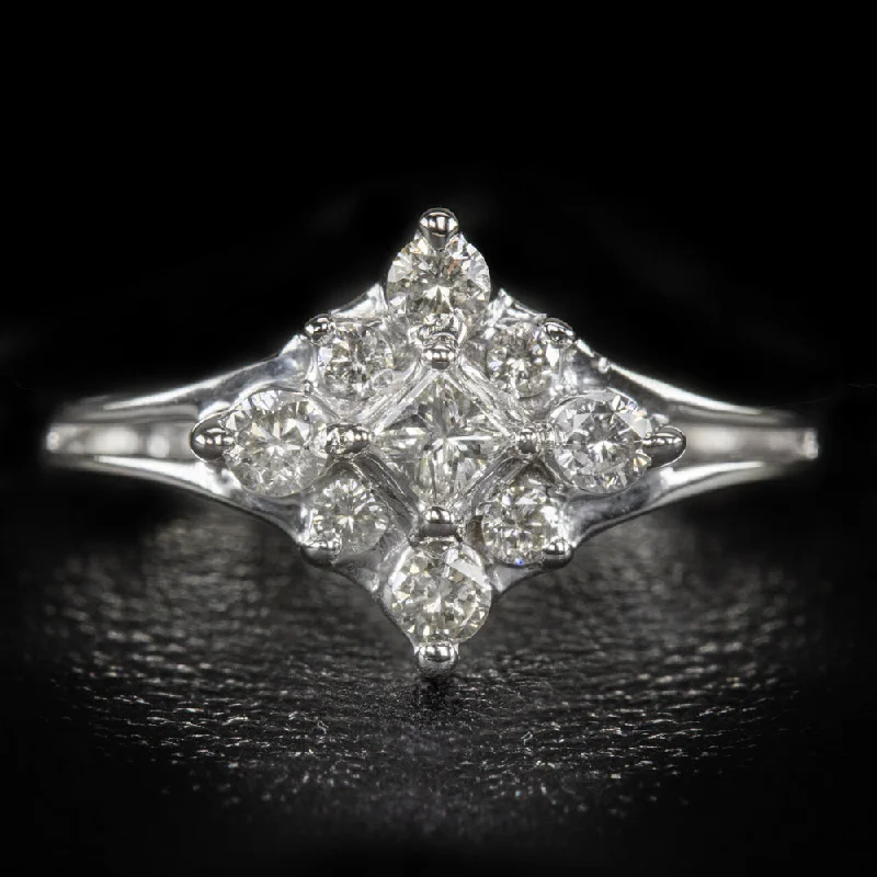 Women’s unique halo engagement rings-DIAMOND CLUSTER COCKTAIL RING 0.40ct PRINCESS ROUND CUT 14k WHITE GOLD NATURAL