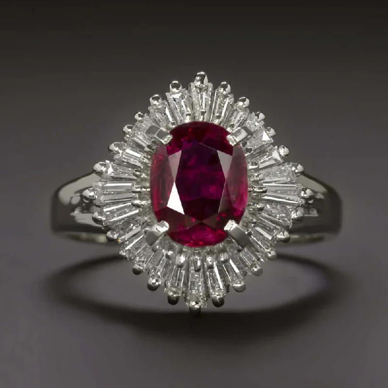 Women’s custom halo engagement rings-2.3ct GIA CERTIFIED NO HEAT RUBY DIAMOND PLATINUM COCKTAIL RING HALO BALLERINA