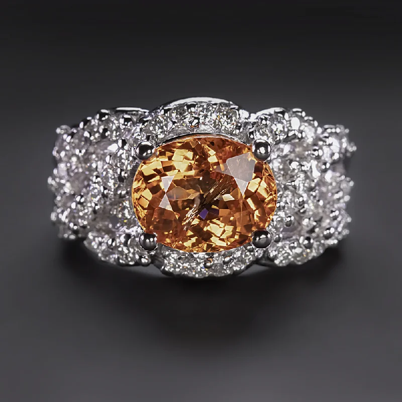 Women’s yellow diamond engagement rings-MANDARIN GARNET DIAMOND COCKTAIL RING 18k WHITE GOLD STATEMENT WIDE ORANGE BIG