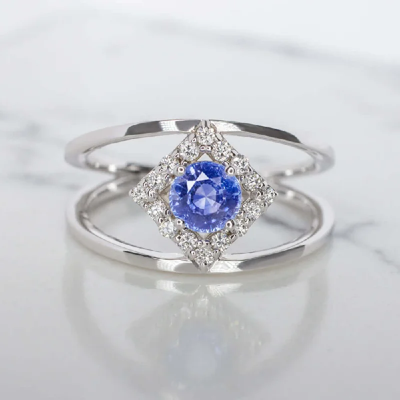 Women’s affordable engagement rings-BLUE SAPPHIRE DIAMOND COCKTAIL RING GEOMETRIC MODERN DOUBLE BAND 14K WHITE GOLD