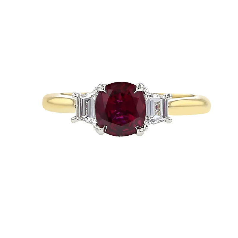 Women’s modern engagement rings-Mozambique Ruby and Trapezoid Diamond 3-Stone Ring