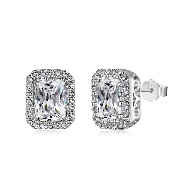 Women’s statement stud earrings-Emerald Cut Halo Diamond Earrings | S925 | CZ